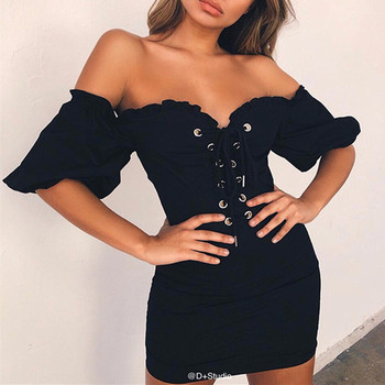 Κομψό γυναικέιο φόρεμα με V-neckline και κορδόνια