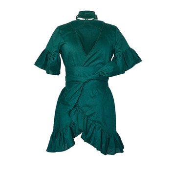 HIT Γυναικείο φόρεμα με ντεκολτέ σε σχήμα V με μανίκια λωτού με πράσινο χρώμα