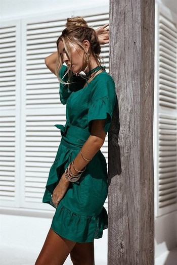 HIT Γυναικείο φόρεμα με ντεκολτέ σε σχήμα V με μανίκια λωτού με πράσινο χρώμα