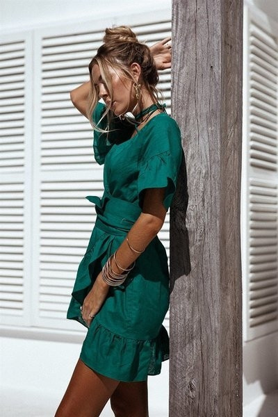 HIT Γυναικείο φόρεμα με ντεκολτέ σε σχήμα V με μανίκια λωτού με πράσινο χρώμα