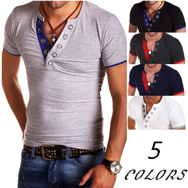 Férfi rövid ujjú póló V-nyakú gombokkal, öt színben