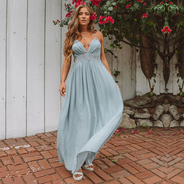 Καλοκαιρινό φόρεμα με δαντέλα στην πλάτη σε λευκό και μπλε χρώμα