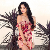 Μοντέρνο γυναικείο φόρεμα με πεσμένα μανίκια με floral μοτίβα