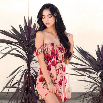 Μοντέρνο γυναικείο φόρεμα με πεσμένα μανίκια με floral μοτίβα