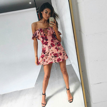 Μοντέρνο γυναικείο φόρεμα με πεσμένα μανίκια με floral μοτίβα