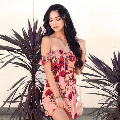 Μοντέρνο γυναικείο φόρεμα με πεσμένα μανίκια με floral μοτίβα