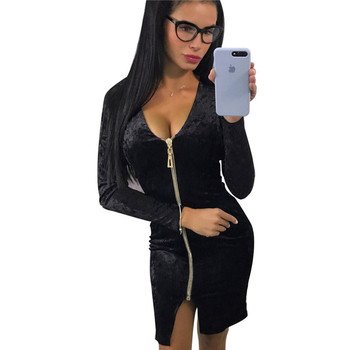 Κομψό γυναικείο φόρεμα με μακριά μανίκια και φερμουάρ σε μαύρο χρώμα