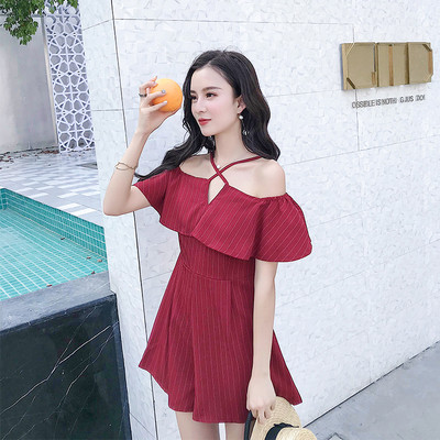 Salopeta eleganta de dama cu umerii goi in 2 culori - dungi