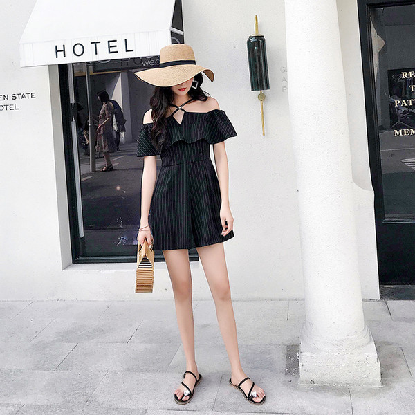 Salopeta eleganta de dama cu umerii goi in 2 culori - dungi