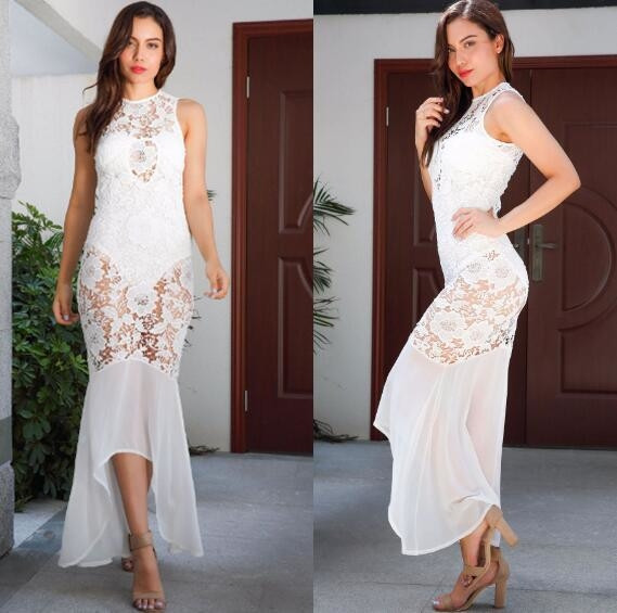 Μοντέρνο γυναικείο φόρεμα χωρίς μανίκια με δαντέλα σε μαύρο και άσπρο χρώμα