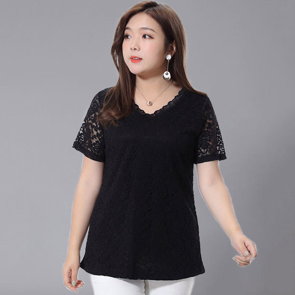 Tricou dama din dantela cu decolteu O in culoare inchisa - Marime maxi