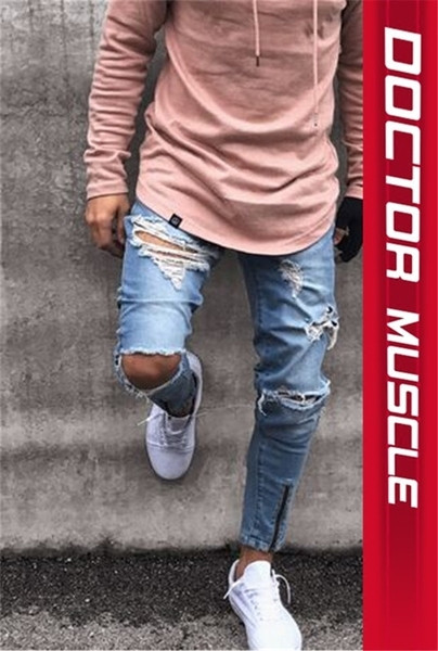 HIT Blugi moderni pentru bărbați cu motive rupte și fermoar în trei culori