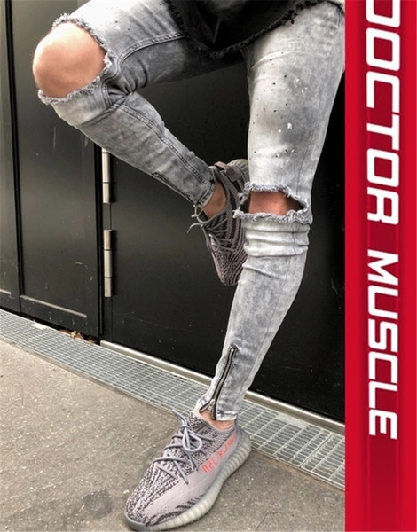 HIT Blugi moderni pentru bărbați cu motive rupte și fermoar în trei culori