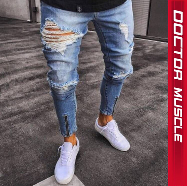 HIT Blugi moderni pentru bărbați cu motive rupte și fermoar în trei culori