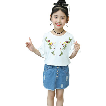 Стилна детска тениска за момиче с бродерия в бял и жълт цвят