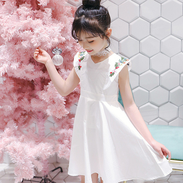 Rochie moderna pentru copii cu motive florale in doua culori