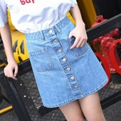 Fusta de dama din denim cu talie inalta, cu nasturi si buzunare