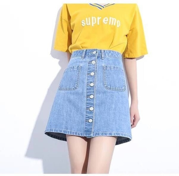 Fusta de dama din denim cu talie inalta, cu nasturi si buzunare