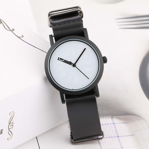 Ceas simplu de damă în alb și negru cu curea din piele artificială