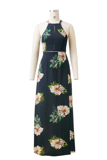 Rochie lunga de dama eleganta, cu fanta si motive florale