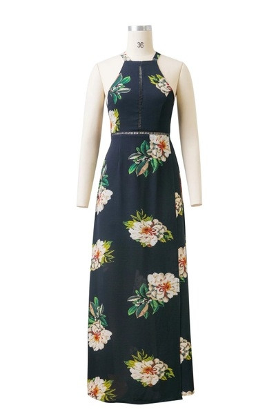 Rochie lunga de dama eleganta, cu fanta si motive florale