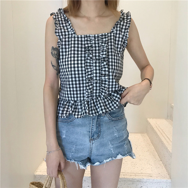 Maieu de damă în carouri cu bretele largi în două culori