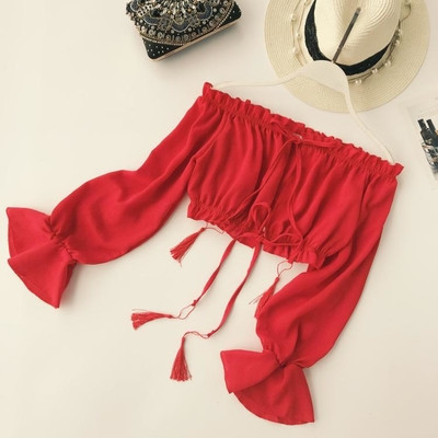 Κομψή γυναικεία μπλούζα με φαρδιά μανίκια καικορδόνια σε διάφορα χρώματα