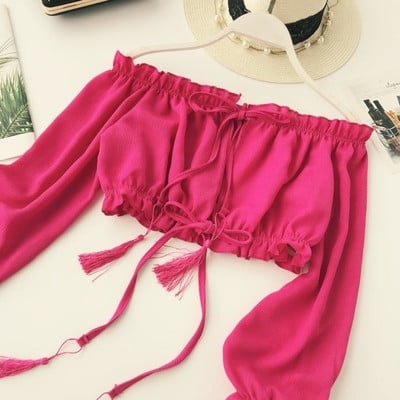 Κομψή γυναικεία μπλούζα με φαρδιά μανίκια καικορδόνια σε διάφορα χρώματα