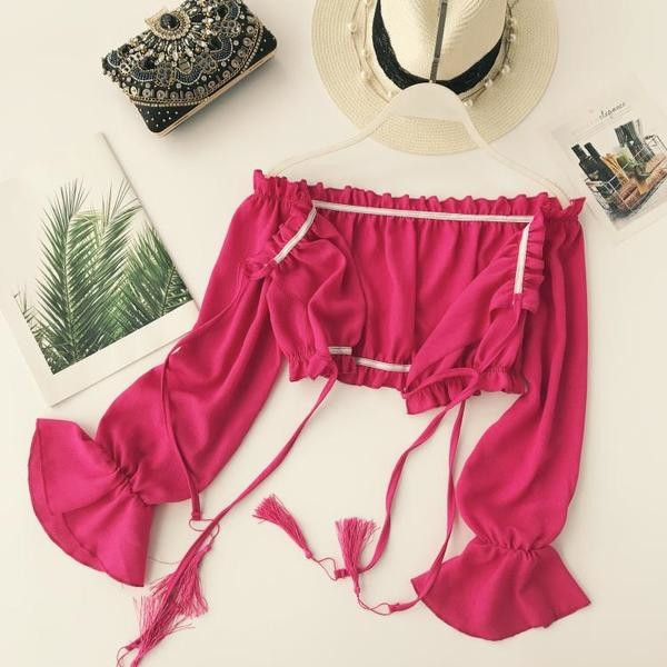 Κομψή γυναικεία μπλούζα με φαρδιά μανίκια καικορδόνια σε διάφορα χρώματα