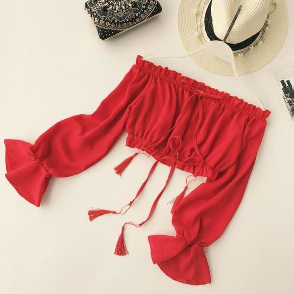 Κομψή γυναικεία μπλούζα με φαρδιά μανίκια καικορδόνια σε διάφορα χρώματα