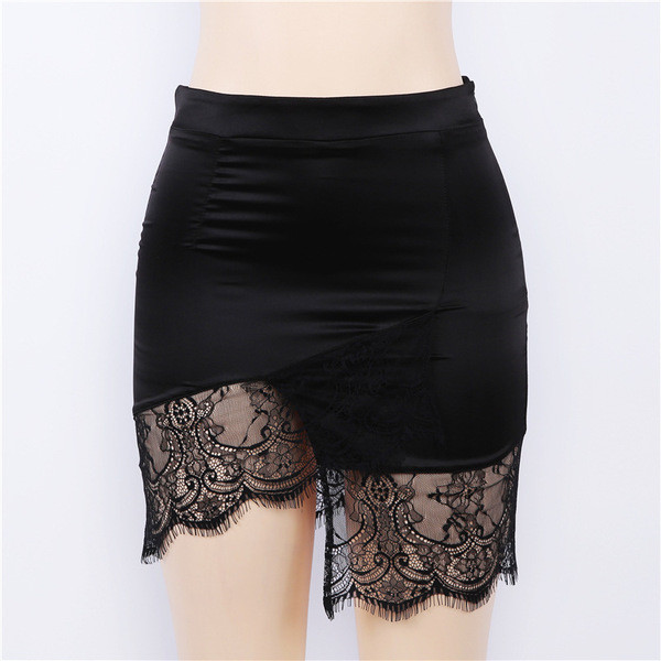 Fusta de dama eleganta din satin cu dantela si talie inalta in doua culori