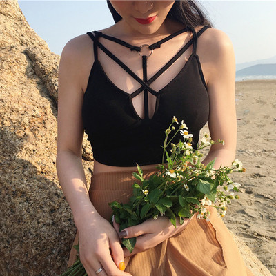 Bustiera scurta de dama cu bretele incrucisate si decor metalic in trei culori