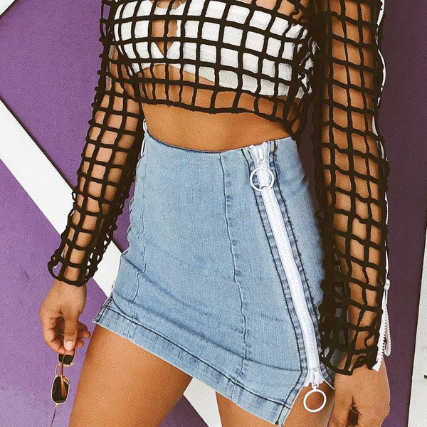 Fusta de dama moderna din denim cu fermoare cu talie inalta