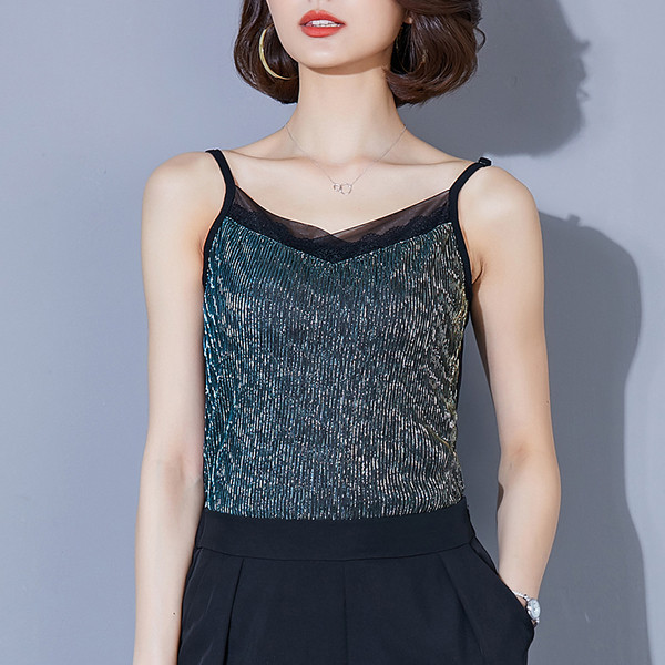 Top de dama modern stralucitor cu bretele subtiri in doua modele