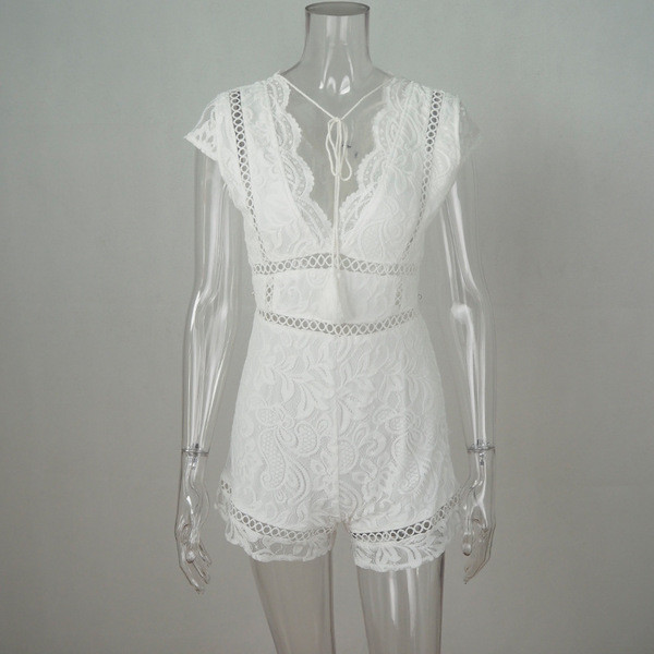 Salopetă de damă din dantelă cu decolteu în V în alb și negru