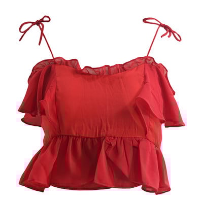 Σύντομο γυναικέιο αμάνικο  με μπλε και κόκκινο βολάν