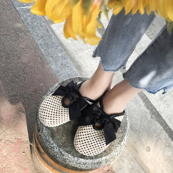 Papuci dama cu panglica in doua culori