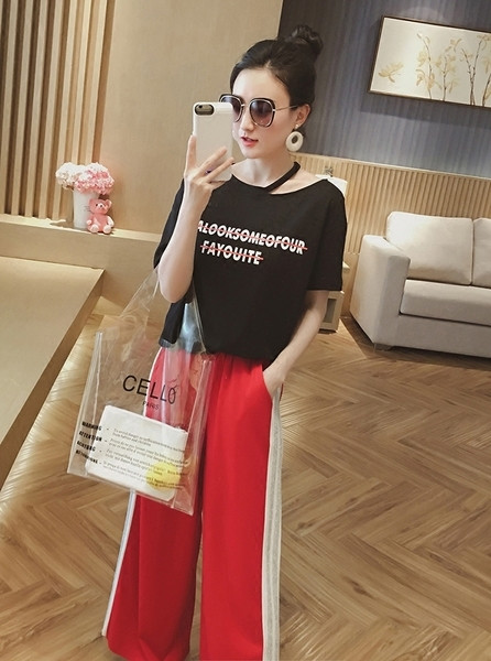 Κομψό γυναικείο σετ για έγκυες γυναίκες - μακρύ παντελόνι και μπλούζα με επιγραφή