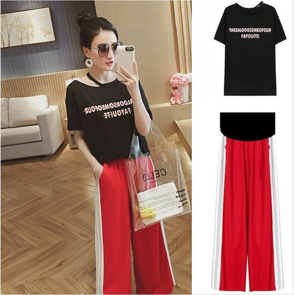 Κομψό γυναικείο σετ για έγκυες γυναίκες - μακρύ παντελόνι και μπλούζα με επιγραφή