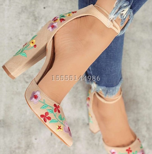 HIT Pantofi ascuțiți de damă cu toc gros și motive florale în două culori