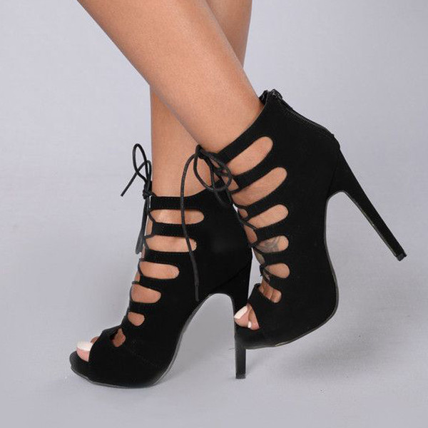 Sandale de dama de piele intoarsa super moderne cu sireturi si tocuri inalte