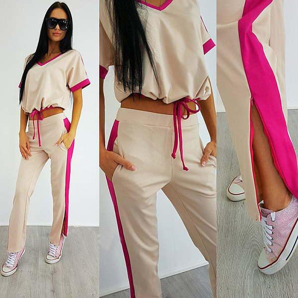 Set sport dama - Tricou cu decolteu in V si trening cu crapaturi laterale