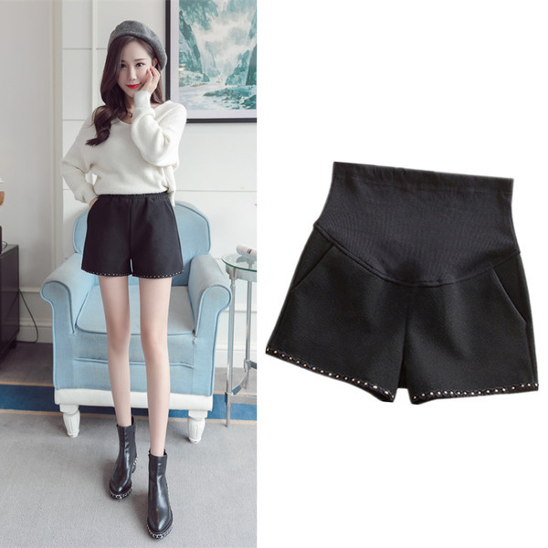 Κοντά παντελόνια για εγκύους με μεταλλική διακόσμηση σε μαύρο και γκρι χρώμα