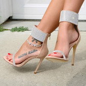 Sandale de dama elegante cu toc inalt si pietre de decor in doua culori