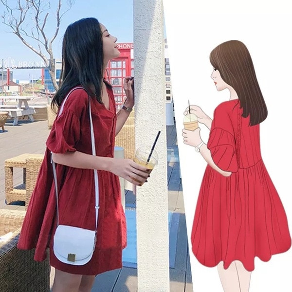 Rochie scurta de culoare rosie cu maneci 3/4 pentru gravide