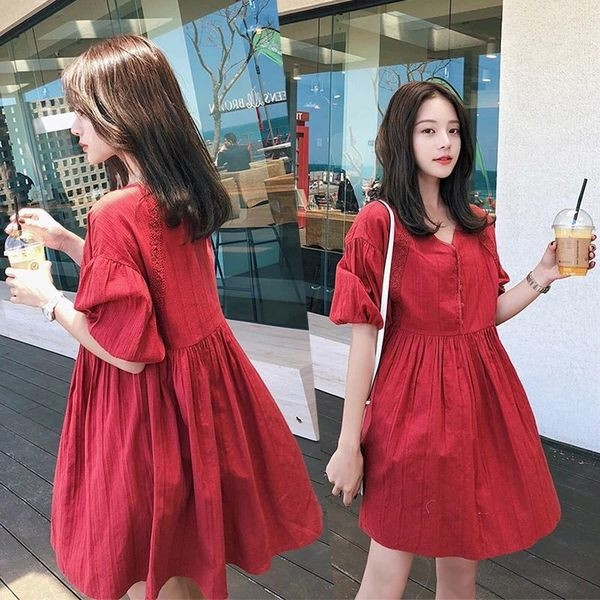 Rochie scurta de culoare rosie cu maneci 3/4 pentru gravide