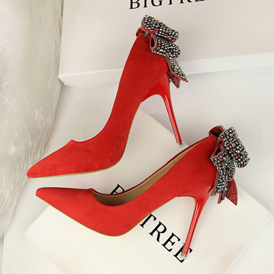 Pantofi eleganti de dama din piele intoarsa cu decor cu panglica in mai multe culori