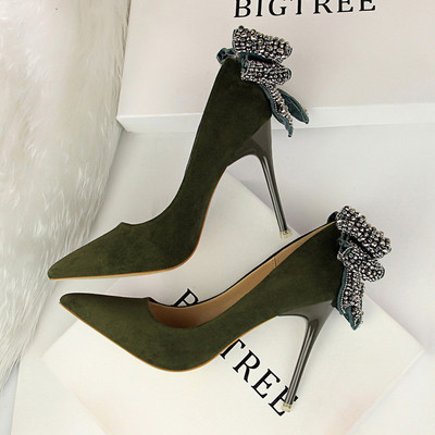 Pantofi eleganti de dama din piele intoarsa cu decor cu panglica in mai multe culori