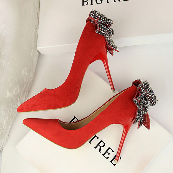 Pantofi eleganti de dama din piele intoarsa cu decor cu panglica in mai multe culori