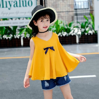 Παιδικό μπλουζάκι για κορίτσι με κορδέλα και διακοσμητικά μαργαριτάρια σε φαρδύ σχέδιο - τρία χρώματα